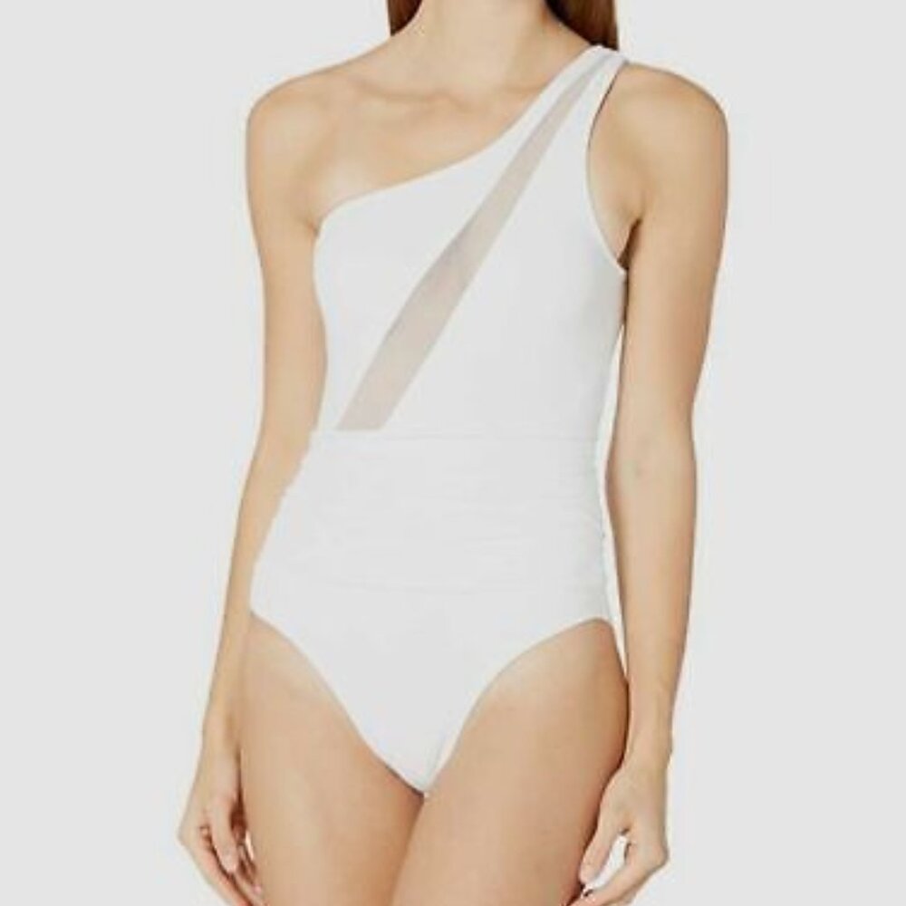 La Blanca Mesh-Merizing One Piece Swimsuit White One Shoulder Size 14 NWT